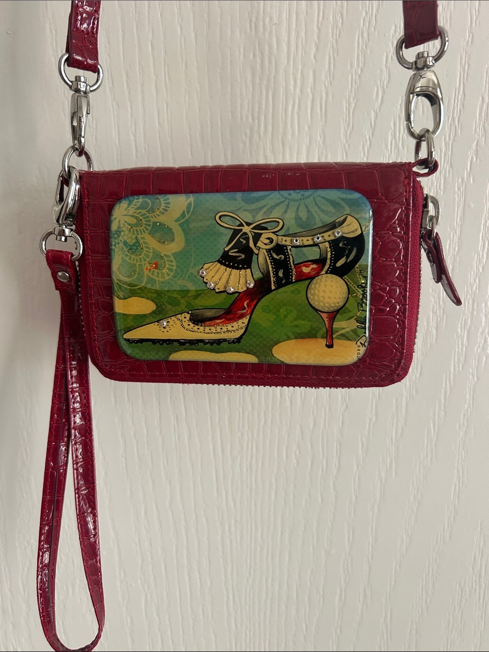 Red Faux-Croc Crossbody Wristlet with Decorative Shoe Panel